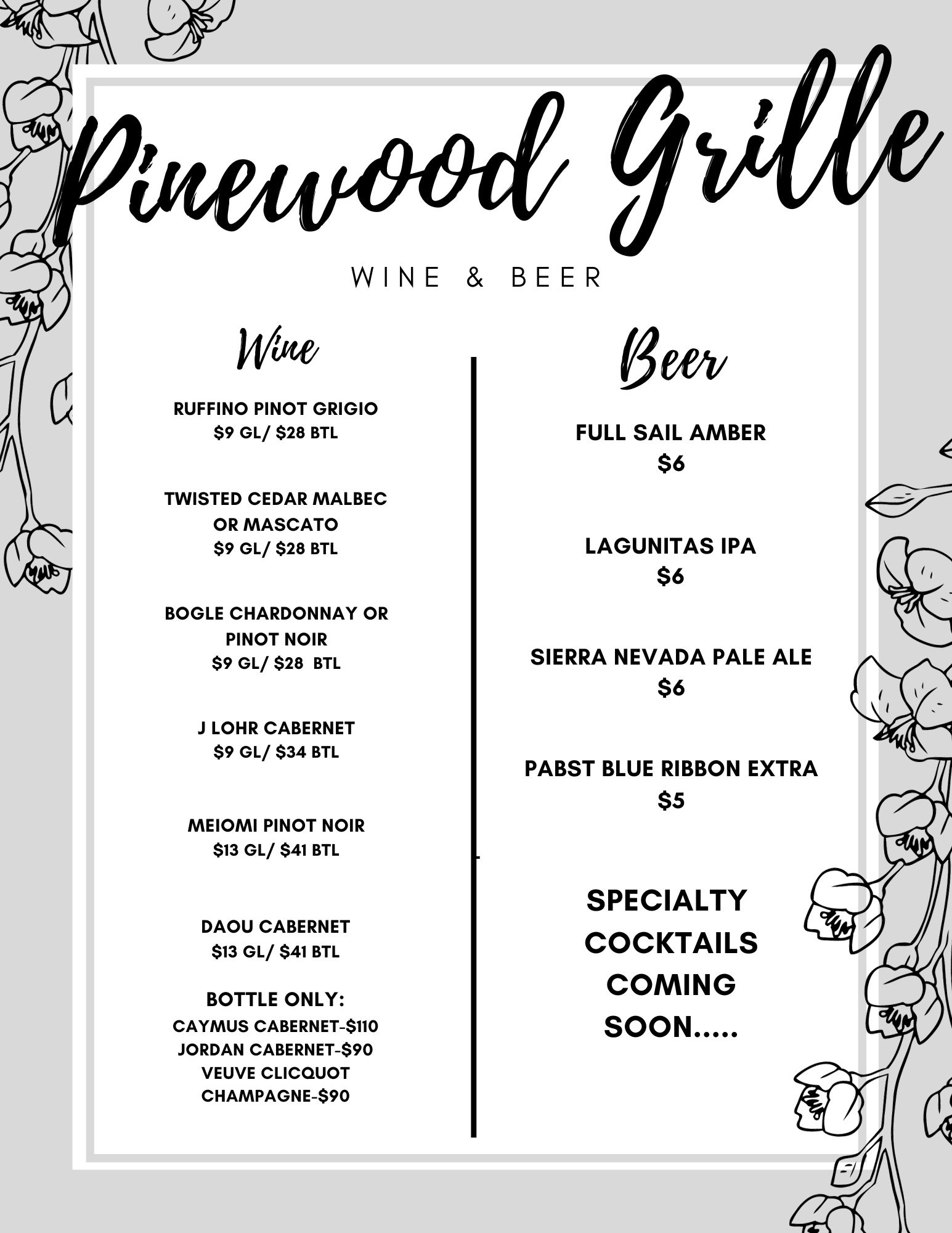 Pinewoods Grille Wine and Beer Menu