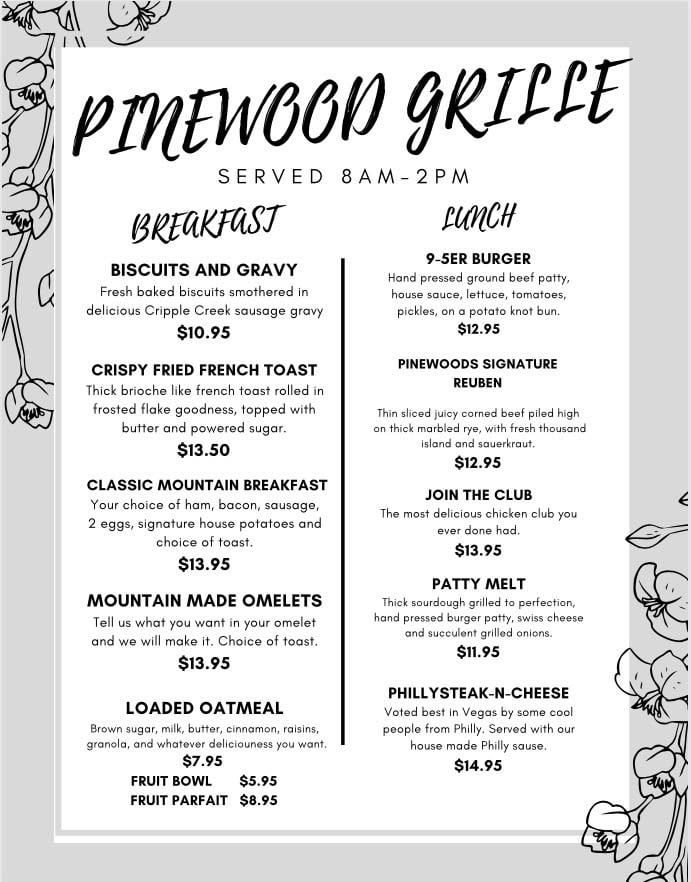 Pinewoods Grille Lunch Menu